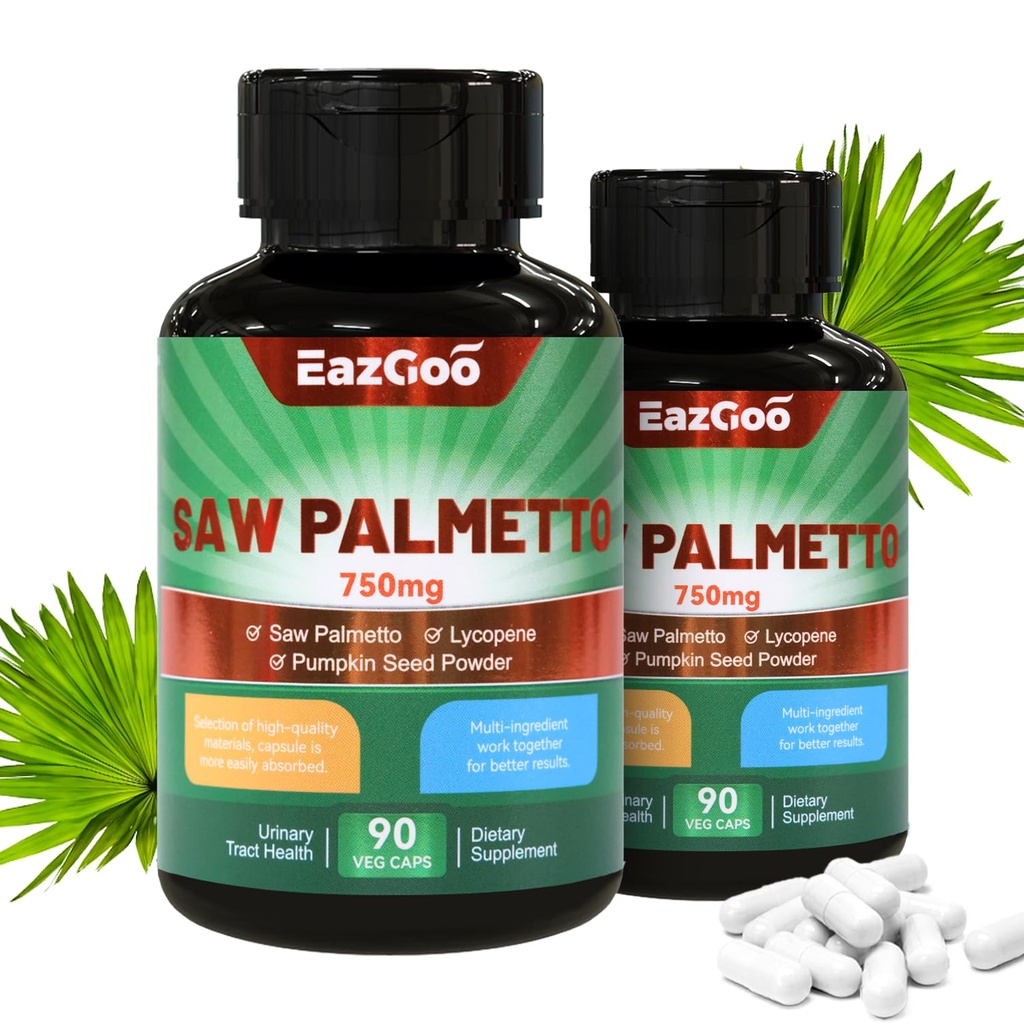 Saw Palmetto Supplement, Saw Palmetto Extract 750mg, med Lycopene, Pumpkin Seed Powder, för män och kvinnor, icke-GMO & Gluten, Vegan, 90 Count Capsules (Pack of 2)