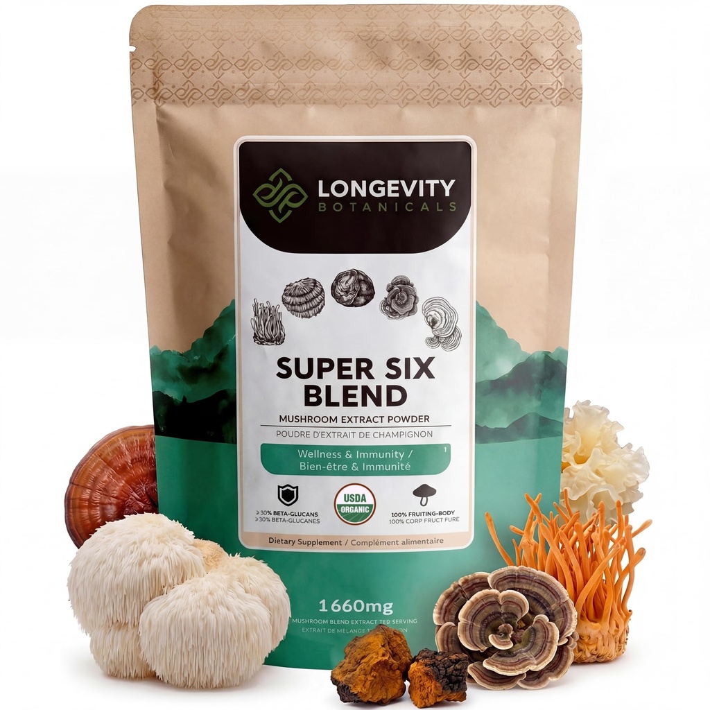 Longevity Botanicals Super Six Organic Mushroom Blend 100g | Reishi, Lion's Mane, Chaga, Cordyceps, Tremella & Turkey Tail | Extract Powder Mix | 10:1 Ratio | 100% Fruiting Bodies | Mushroom Complex
