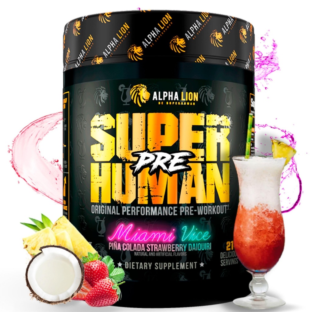 ALPHA LION Superhuman Pre Workout Powder, Beta Alanine, L-Taurine & Tri-Source koffein för hållbar energi och fokus, Nitric Oxide & Citrulline för pump (21 portioner, Miami Vice)