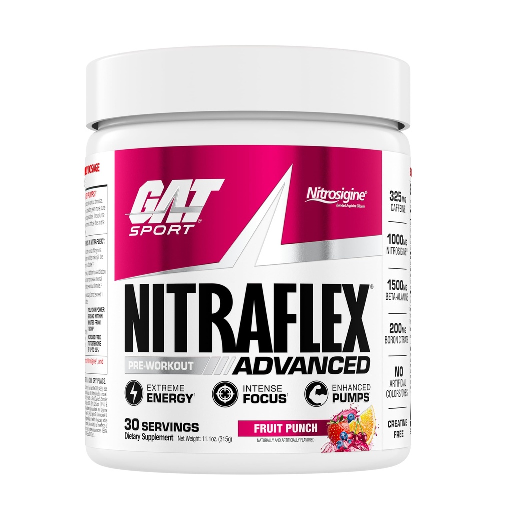 GAT SPORT Nitraflex Advanced Pre-Workout Powder, Ökar blodflödet, ökar styrka och energi, förbättrar träningsprestanda, män och kvinnor (Fruit Punch, 30 portioner)