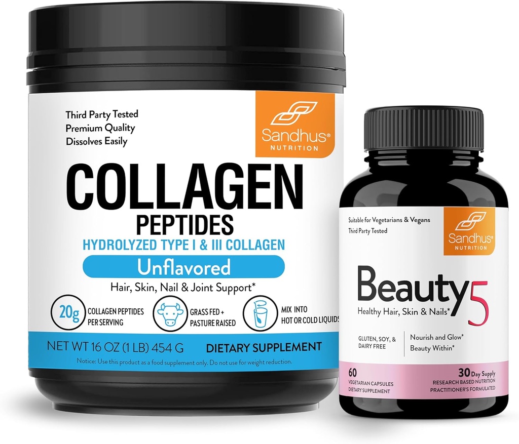 Sandhu's Grass-Fed Collagen Peptides Powder & Beauty 5 Capsules| Skin Supplements| Främjar hud, hår, Nail Health