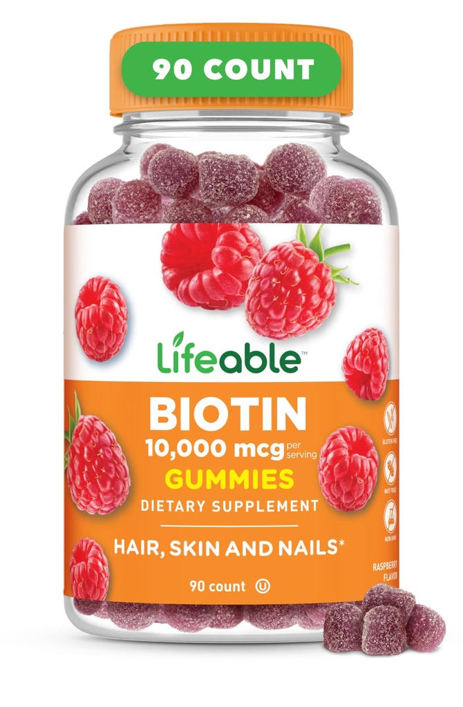 Livliga Biotin Gummies | 10.000mcg | Great Tasting Hair Skin och Nails Gummies | GMO-Free Vegan Biotin Supplement | Hair Skin och Nails Vitamins för kvinnor | 90 Gummies