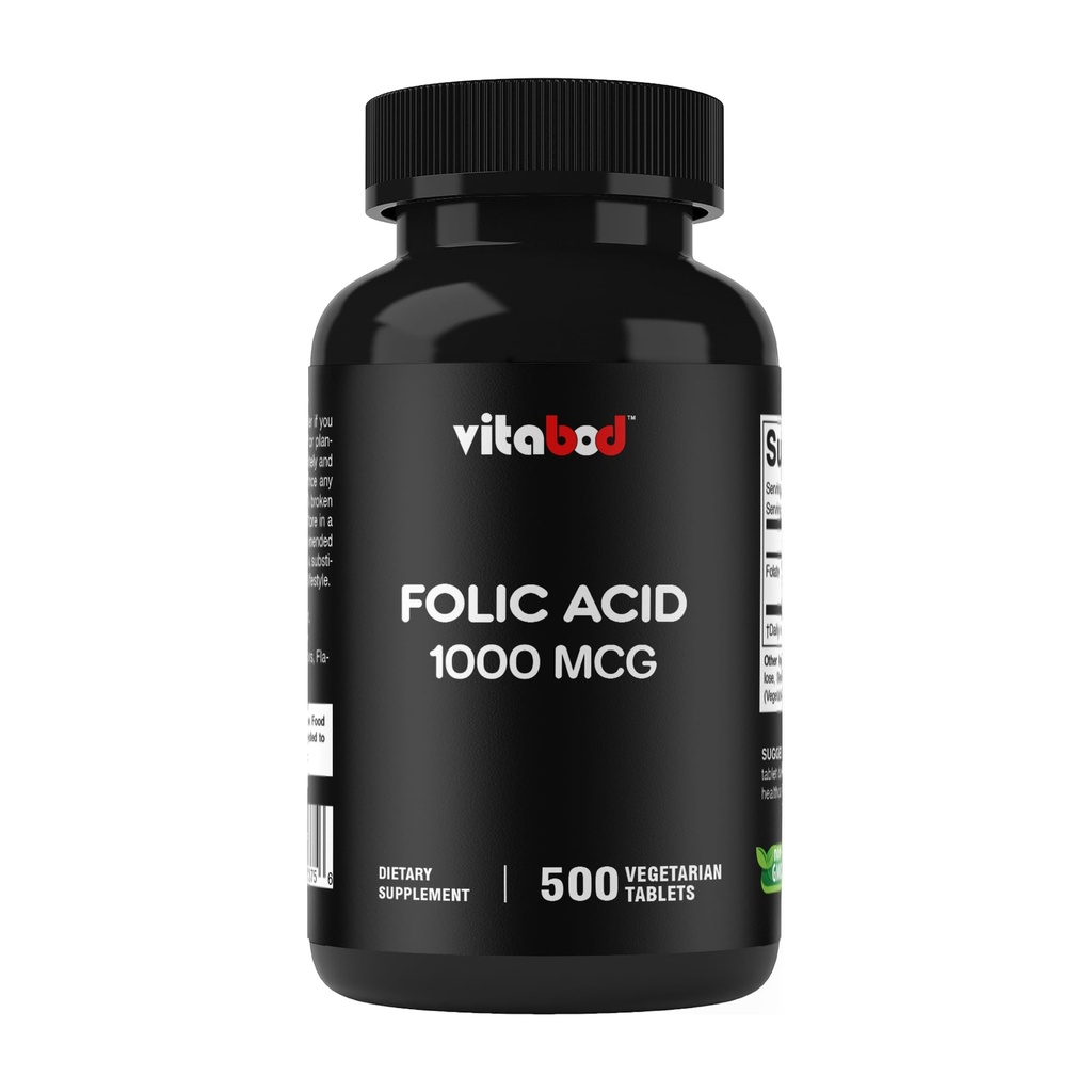 Folsyra 1 mg (1000 mcg) (Vitamin B9) - 500 vegetariska tabletter - en väsentlig prenatal och postnatal vitamin