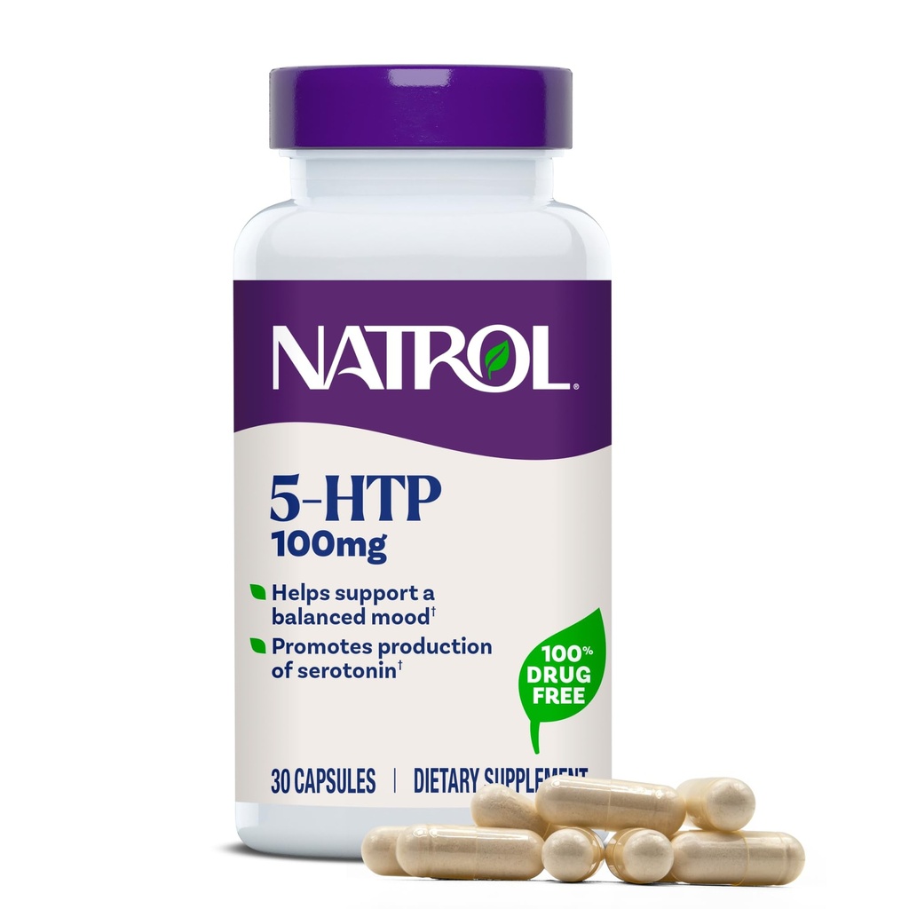 Natrol Mood + Stress 5-HTP 100 mg, Kosttillskott för balanserat humör, kapslar för vuxna, 30 kapslar, upp till 30 dagars leverans