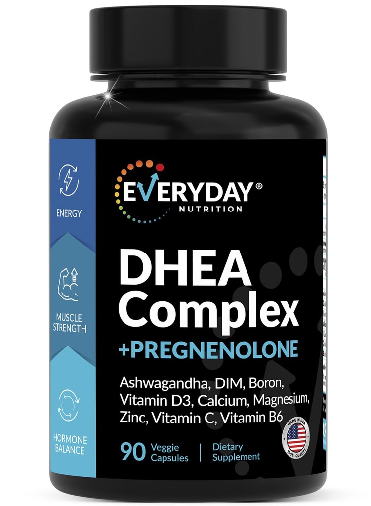 DHEA Micronized 200mg Komplex med Pregnenolone 100mg Supplement för Män & Kvinnor med Ashwagandha, DIM, Magnesium, Boron, Calcium, Zink, Vitamin D3, C och B6 Hormone Support - Tillverkad i USA 90 kapslar