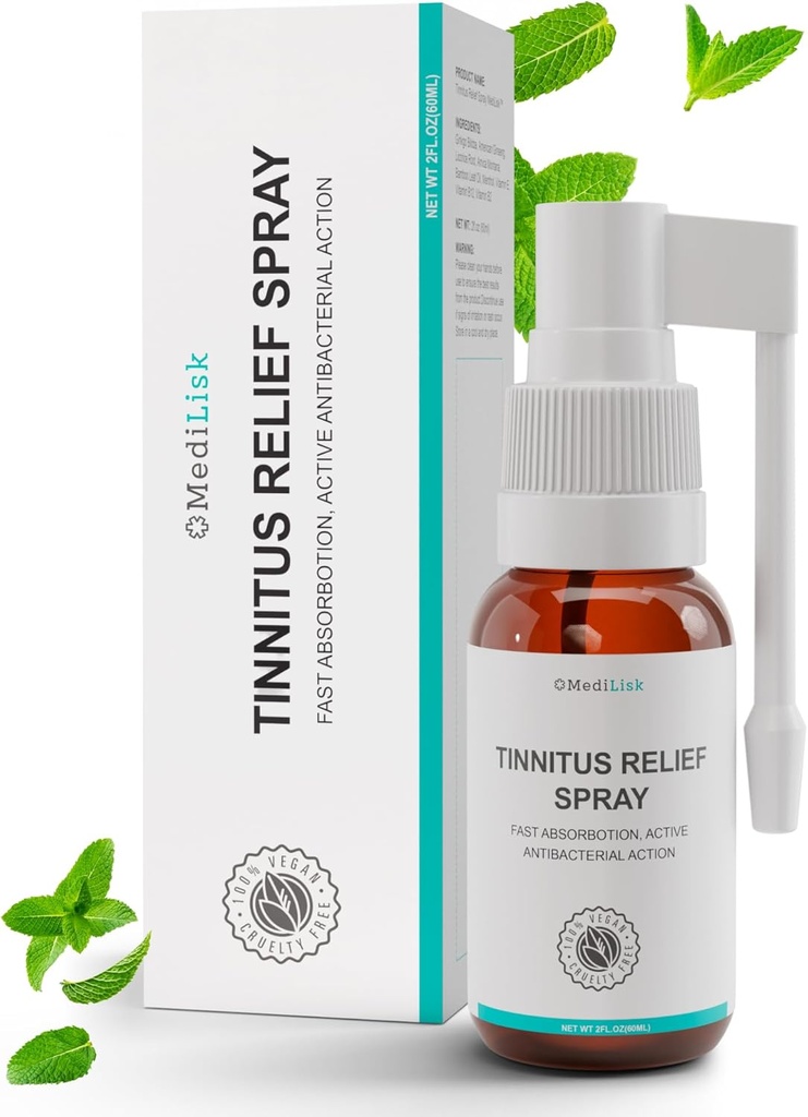 Medilisk Tinnitus Relief Spray - Stöder Tinnitus Relief för Ringing Ears - Herbal Ear Care Products - Non-Steroidal & Hypoallergenic - 1 Fl Oz - Pack med 1