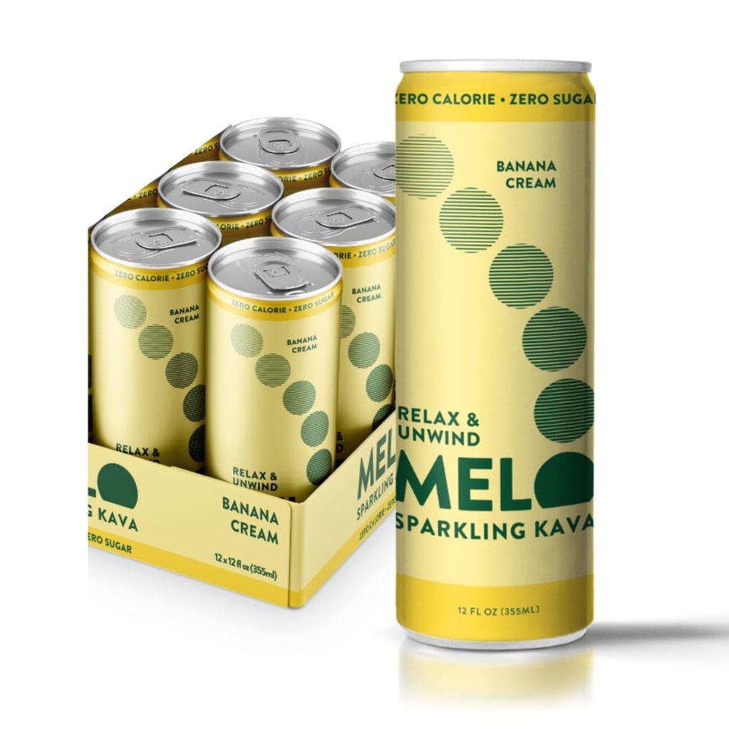 Melo Sparkling Kava Drink, Banana Cream, Sugar Free Non alkoholhaltiga drycker med noll kalorier, glutenfri, Vegan, 100% naturlig mocktail med 100mg Kava Root per drink, 6 Pack, 12 oz Cans