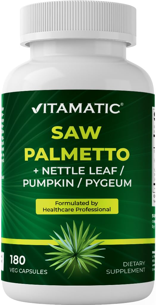 Vitamatic Saw Palmetto Extract för Män & Kvinnor 180 Veg Capsules - Tillverkad med Pumpkin Seed, Pygeum, Nettle Leaf - Tillverkad i USA - Främjar hälsosam prostatafunktion