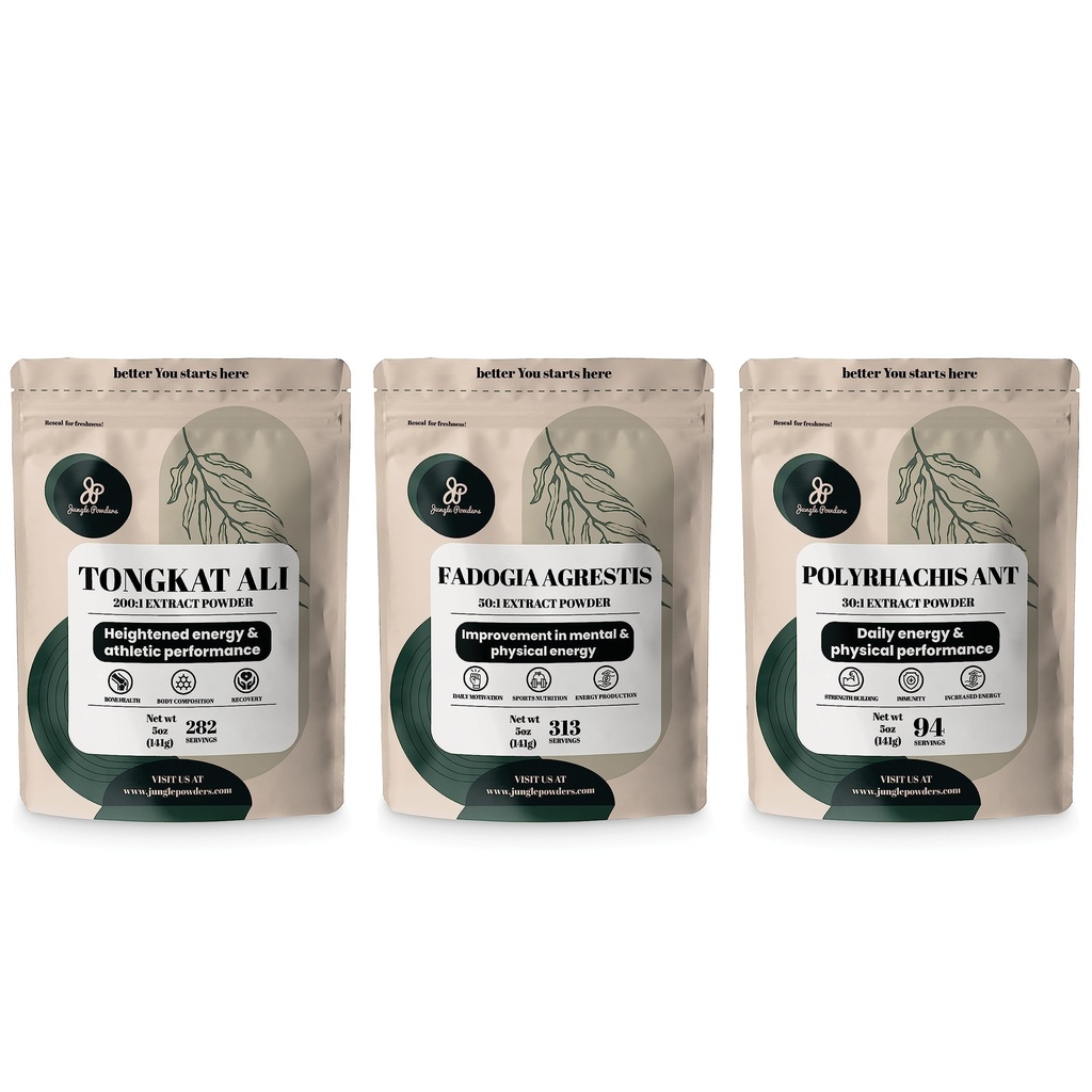 Jungle Powders Tongkat Ali för män 282 portioner, Fadogia Agrestis Extract Powder 313 portioner, Svart Ant 30:1 Koncentration 94 Servings 5oz Supplement Mens Health Support för Drive & Passion