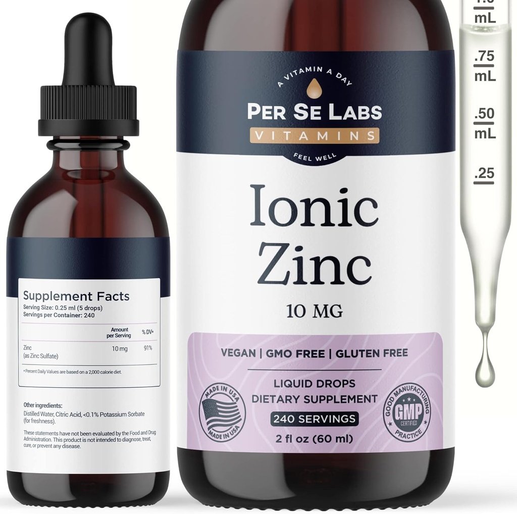 Per Se Labs Ionic Zinc Liquid - 10 mg High Absorption 240 Servings Liquid Zinc Drops for Adults - Immune Support Skin Care Zinc Supplements - Vegan Zinc Sulfate Antioxidant Dietary Supplement - 2 Oz