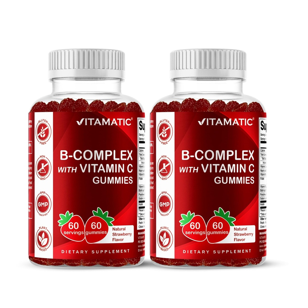 Vitamatic Vitamin B Complex Gummies med vitamin C & Inositol - naturlig jordgubbsmak - 60 Gummies (2 flaskor)