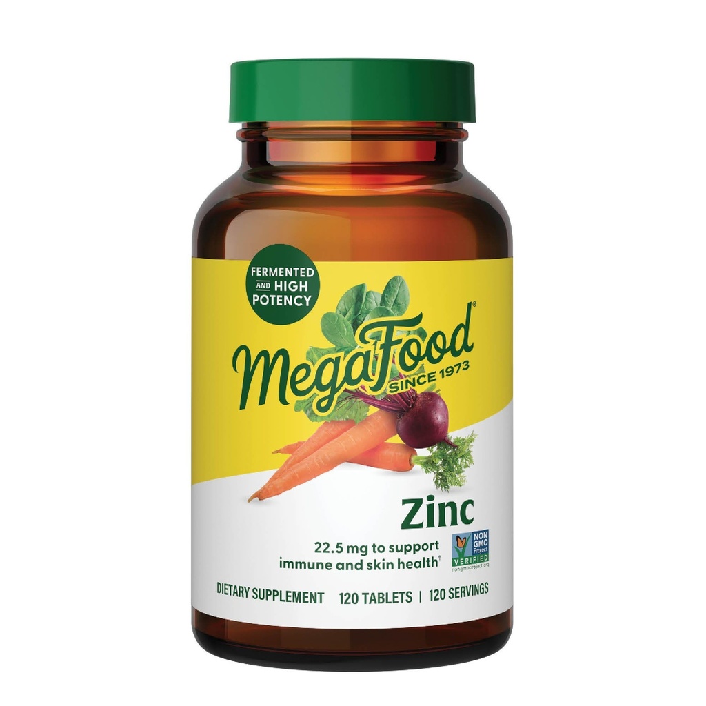 MegaFood Zink Supplements for Women & Men - Vegan Immune Support Supplement med 22.5 mg High Potency Fermented Zink Tablets - Made with Real Food - 120 tabletter, 120 portioner