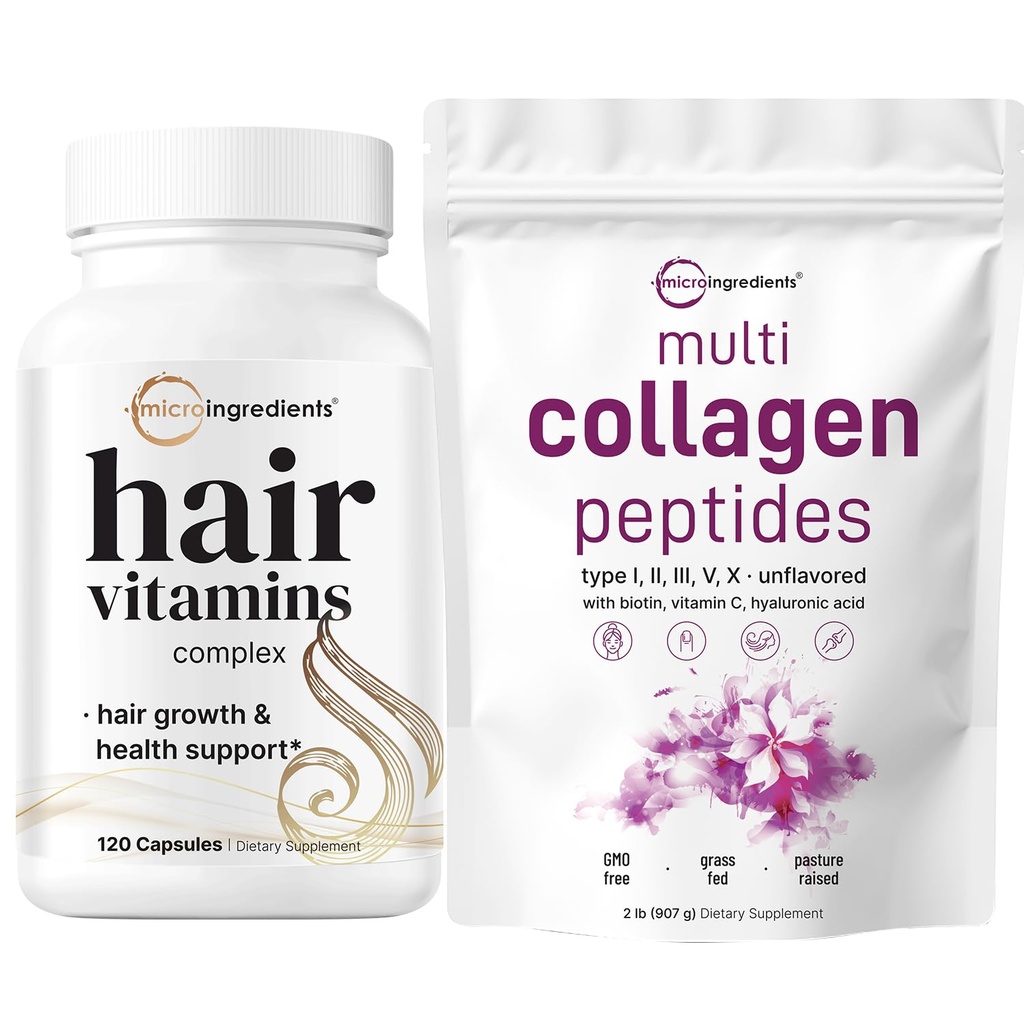 Micro Ingredients Multi Collagen Protein Powder 2 Pounds & Hair Vitamins Complex Capsules Bundle Pack | Grass-Fed Collagen Peptides | 14-i-1 Avancerad Hair Growth Support