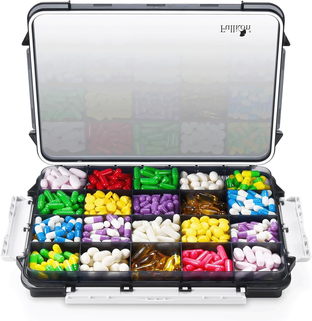 Fullicon Extra Large Pill Organizer med Moisture Proof Design, Travel Jumbo Pill Box med 20 Compartment, Supplement Organizer för Vitaminer med 3 Säkrade Buckles (Black)
