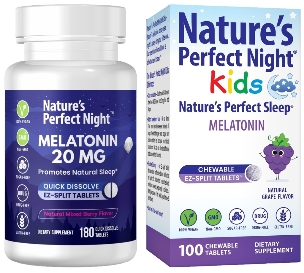 Nature's Perfect Night Bundle | Melatonin 20mg | Kids Melatonin 1mg | 180 greve | 100 greve | Sugar Free | Gluten Free | Non-GMO | Vegan
