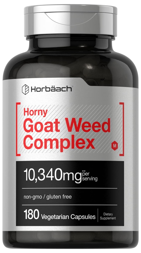 Horbäach Horny Goat Weed Complex | 10 340 mg | 180 kapslar | Vegetarian, icke-GMO och Gluten Free Formel med Tribulus, Maca, Yohimbe och L-arginin