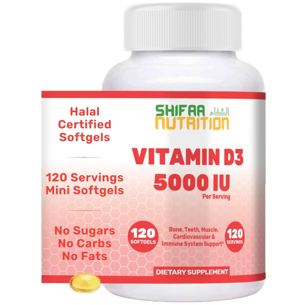 SHIFAA NUTRITION Halal Vitamin D, Hal Vitamin D3, 5000 IE Softgels, 120 portioner. Icke-GMO, Gluten-Free, stöd: Struktur, ben, tänder, hjärta, muskel och immunfunktioner
