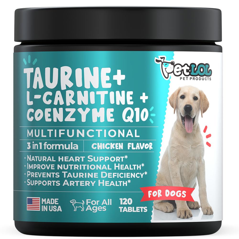 Taurin Supplement för hundar med L-Carnitine och Coenzyme Q10 (CoQ10): Vet Endorsed for Enlarged Heart (DCM), Congestive Heart Failure, Taurine Deficiency: 3-i-1 | Dog Supplements- 120ct