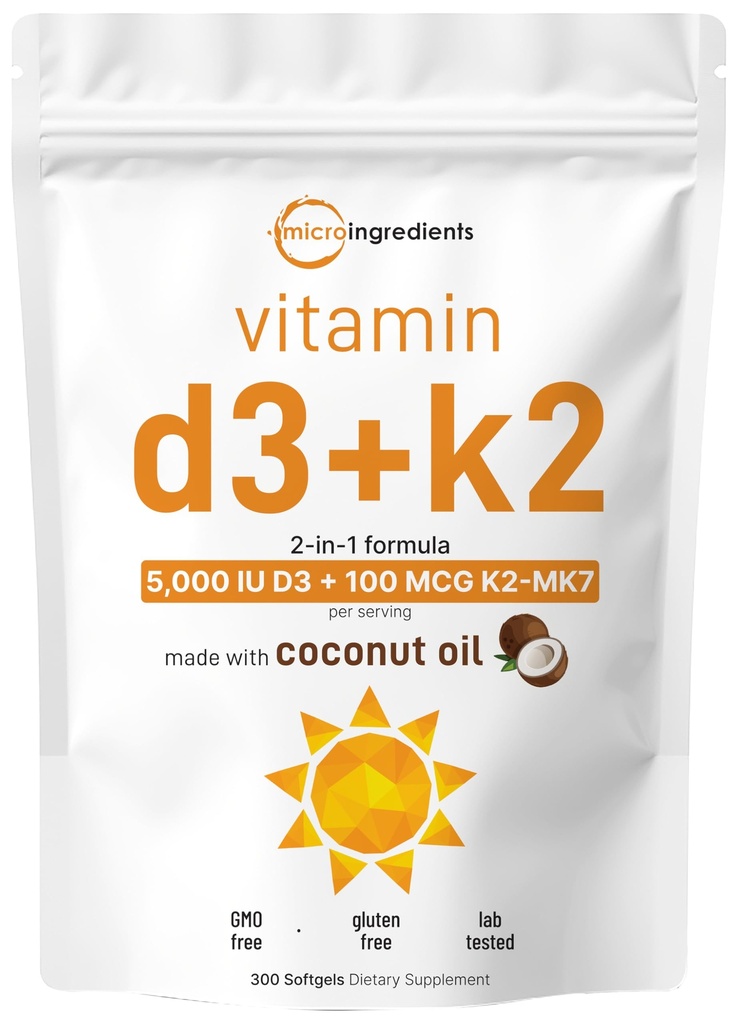 Micro Ingredients Vitamin D3 5,000 IE + K2 MK-7 100 mcg, 300 Softgels | Virgin Coconut Oil | 2-i-1 Support | Lätt att svälja, icke-GMO