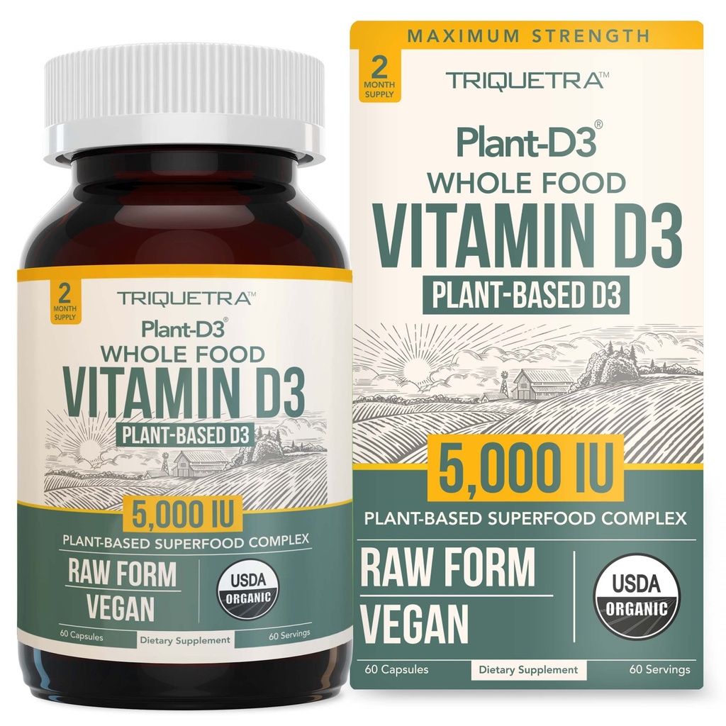 Organisk vitamin D3 5 000 IE - 100% Whole Food & Plant-Based Cholecalciferol Form, 100% Vegan Vitamin D - Förbättrad med Prebiotic & Superfood Complex - Organic, Vegan, GMO & Gluten Free (60 kapslar)