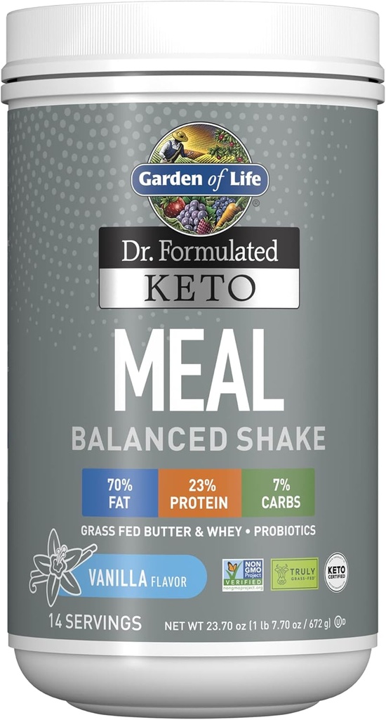 Garden of Life Dr. Formulerad Keto Meal Balanced Shake - Vanilla Powder, 14 portioner, Truly Grass Fed Butter & Whey Protein plus Probiotika, Non-GMO, Gluten Free, Ketogenic, Paleo Meal Replacement