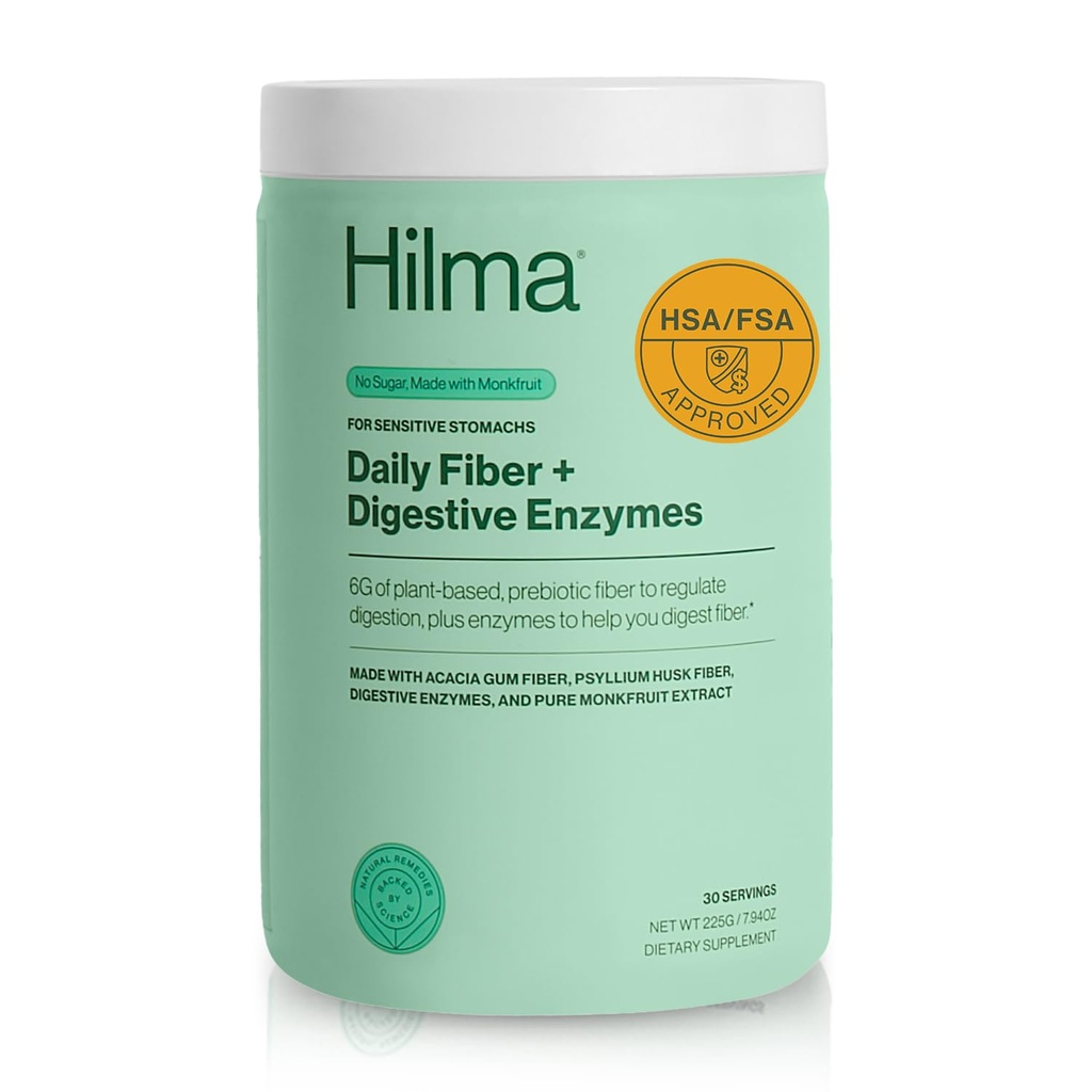 Hilma Daily Fiber och Digestive Enzymes, Fiber Supplement Powder med prebiotika och enzymer formulerade med Psyllium Husk och Acacia, Gluten Free, Vegan, FSA Berättigade, Digestive Support, 30 portioner