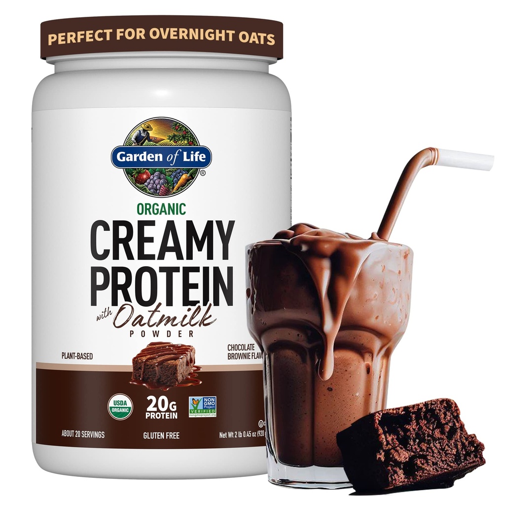 Garden of Life Creamy Organic Vegan Protein Powder + OatMilk, 20g Complete Plant Based Protein, Coconut Water, MCTs, Sprouted Grains, Prebiotics, Probiotika - Gluten-Free, Chocolate Brownie, 2 LBS