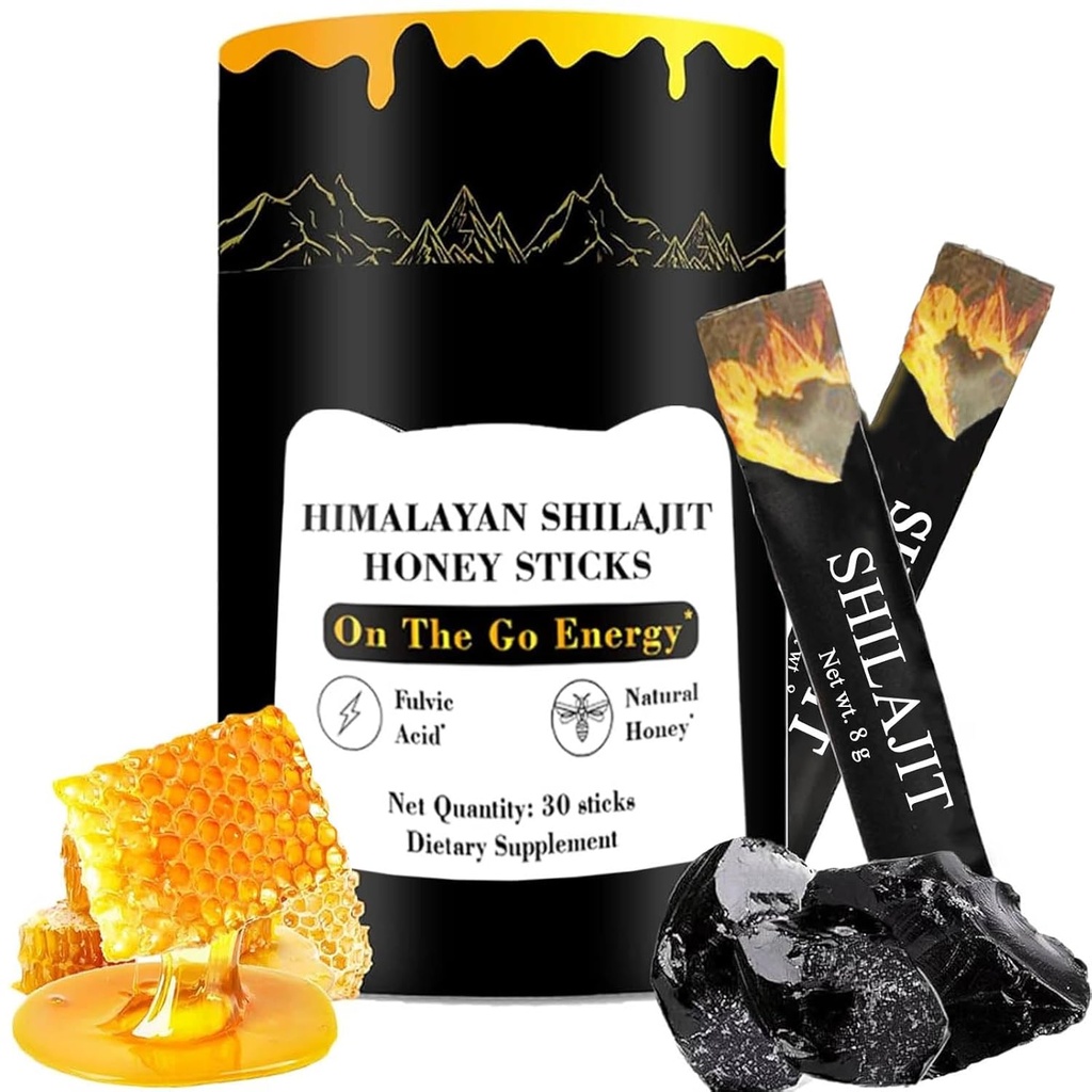 Shilajit Honey Sticks, Himalayan Shilajit Honey Sticks, Pure Himalayan Resin, Honey & Saffron, 30 High Absorption Sticks för energi, styrka och kognitivt stöd