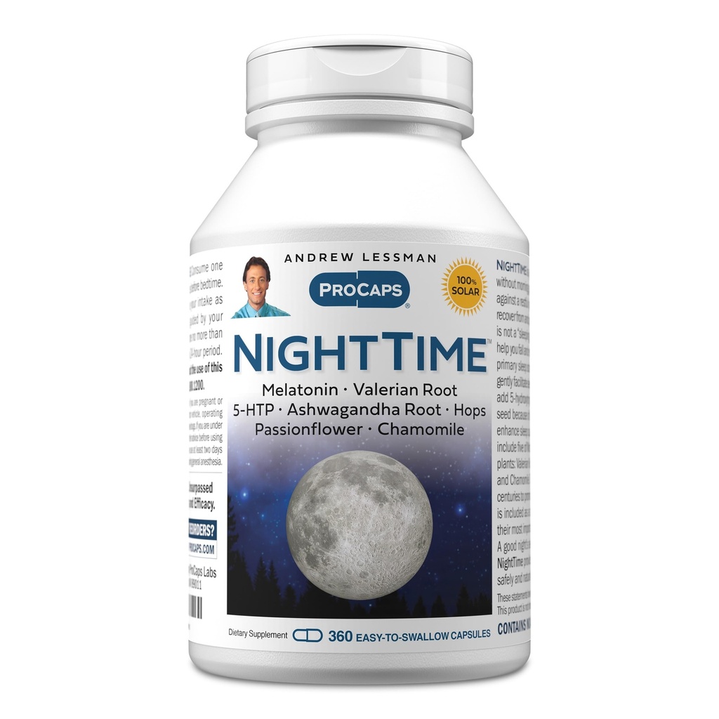 ANDREW LESSMAN Night Time 360 Capsules - 3mg Melatonin, Valerian, Ashwagandha, Passionflower, Hops, Chamomile. Ingen morgongrogginess. Naturligt stöd, Gentle Restful Sleep. Lätt att svälja kapslar
