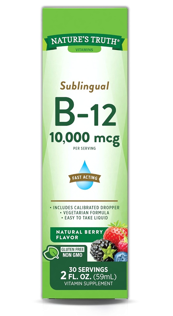 Naturens sanning sublingual vitamin B-12 10 000 Mcg, Fast Acting Liquid, Natural Berry Flavor, 2 Fluid Ounce (Pack av 1)
