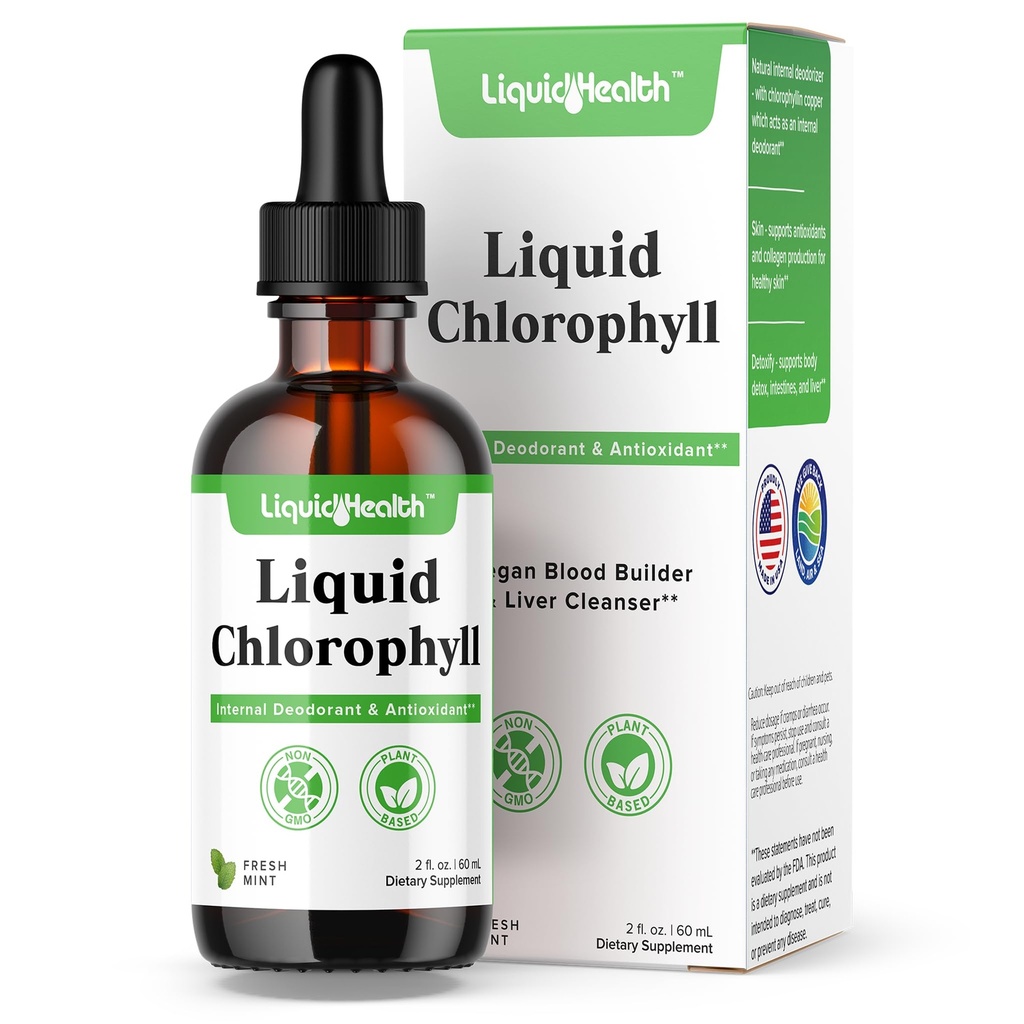 LIQUIDHEALTH Liquid Chlorophyll Drops - Intern Deodorizer, Liver Detox, Immune Support, Promote Collagen for Hair & Skin, Stop Bad Breath, Reduce Appetite - Made in the USA, Vegan, Non-GMO (2 oz)