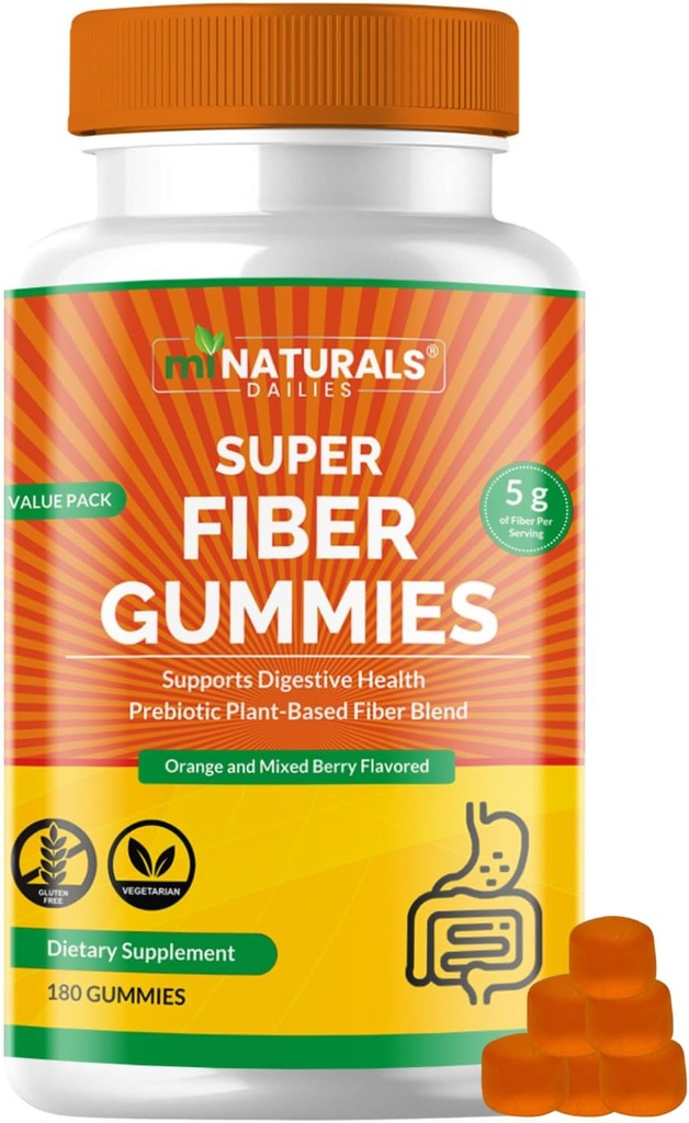 MINATURALS Prebiotic Fiber Supplement Gummies | Värdepaket - 180 ct | 5 g per Gummy | Växtbaserad Digestive Gut Cleansing | Orange & Mixed Berry