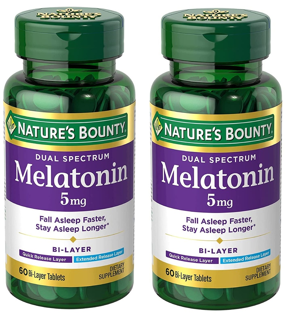 Nature's Bounty Melatonin 5mg Dual Spectrum, 100% Drug Free Sleep Supplement, Quick Release and Extended Release, Promotes Relaxation and Sleep Health, 60 Bi-Layer Tablets (Pack of 2)
