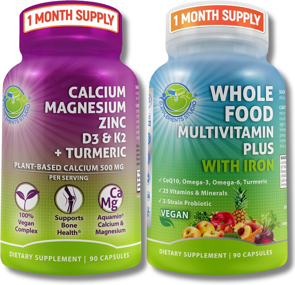 Vegan Whole Food Multivitamin med järn + växtbaserad kalcium, magnesium, zink, D3, K2 & gurkmeja - Vegan dagligt stöd för energi, benhälsa, immunitet och övergripande Wellness Trio