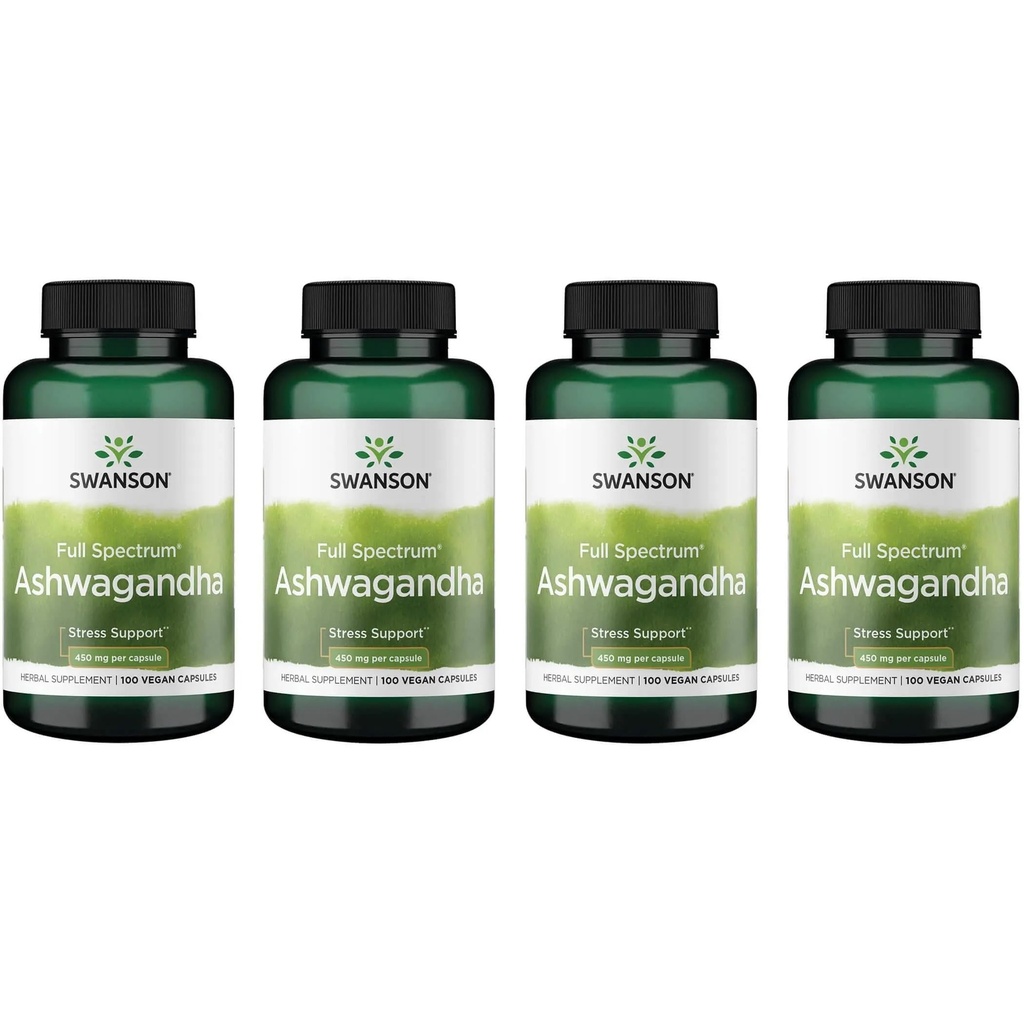 Swanson Ashwagandha Powder Supplement - med Ashwagandha Root för att främja stressavlastning och energi - Ayurvedic Supplement for Natural Wellness (100 kapslar, 450mg vardera) 4 Pack