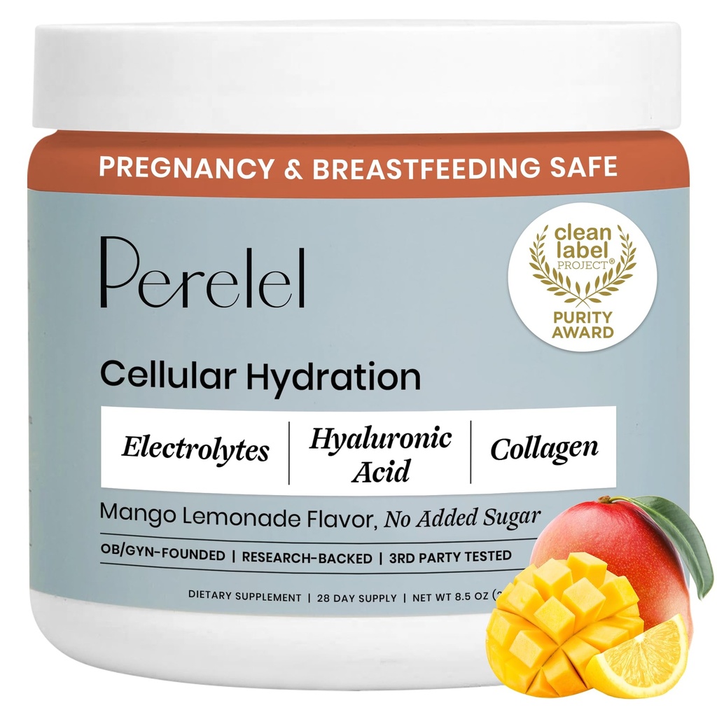 Perel Hydration Powder, Electrolyte Supplement med Collagen & Hyaluronic Acid, Mango Lemonade Flavor, Soy & Gluten Free, Non GMO, No Added Sugar, 28 Servings