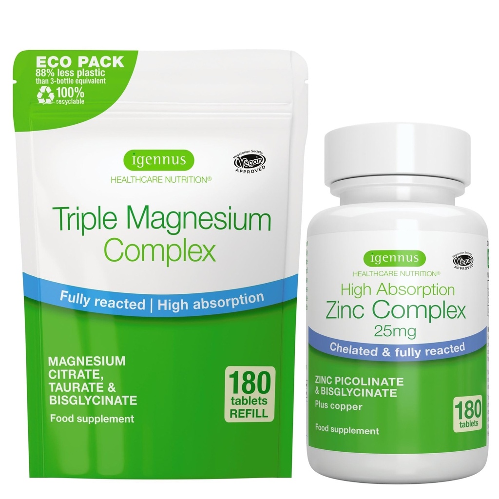 Triple Magnesium Complex 180 tabletter + Zink Complex Vegan Bundle, High Absorption Chelated Magnesium + 25mg Chelated Zinc Picolinate & Bisglycinate med koppar, av Igennus