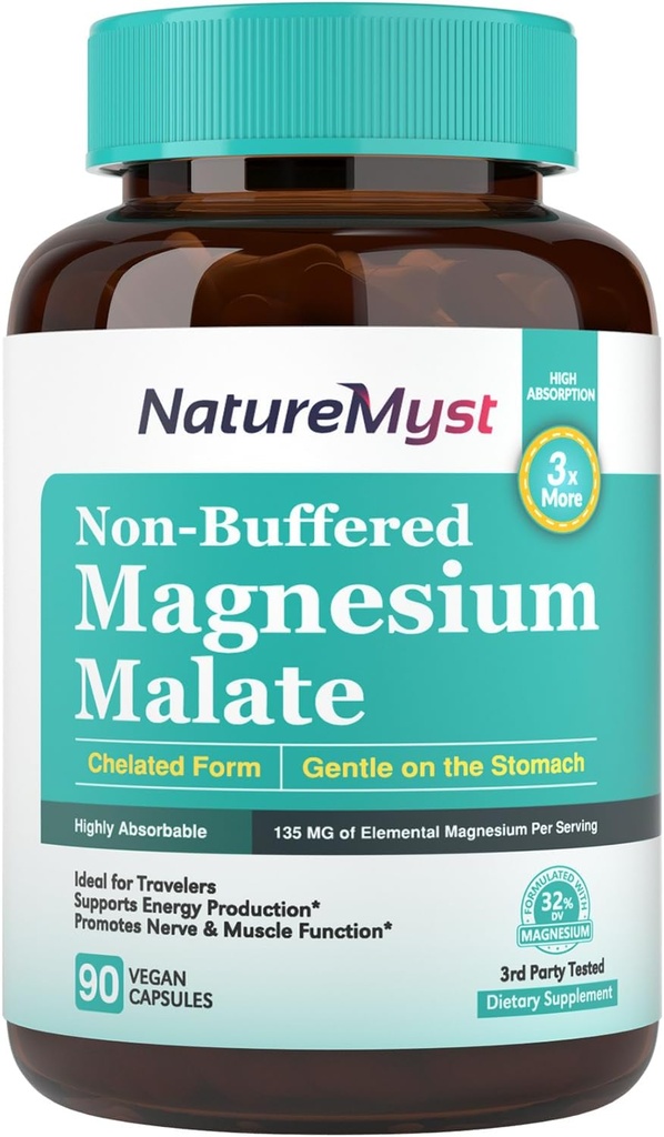Magnesium Malate, Chelated Form, Högt Absorbable, icke-buffert, Gentle på mage, för vuxna och barn, flexibel dos, energiproduktion, Nerve & Muscle Function, 90 Vegan kapslar