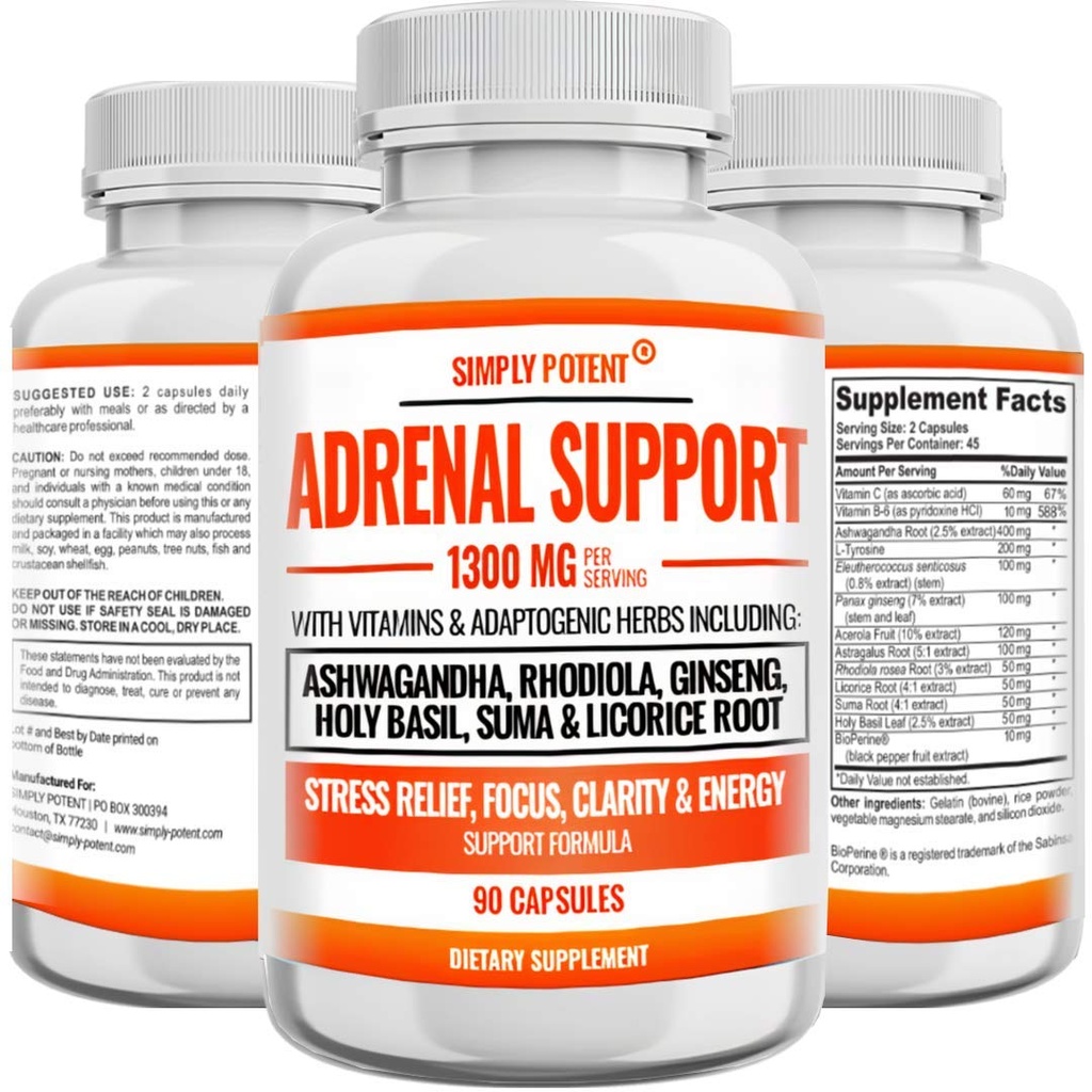 Adrenal Support och Cortisol Manager - 90 kapslar, Adrenal Health Supplement med Ashwagandha, Licorice Root, Rhodiola Rosea, Ginseng, Helig Basil för Adrenal Fatigue för kvinnor och män