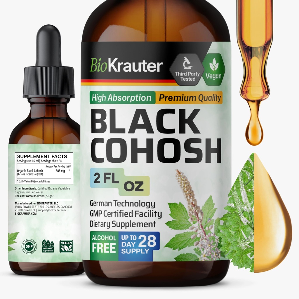 BIO KRAUTER Black Cohosh Root Tincture - Vegan Black Cohosh Supplements Women Support - Alkohol och sockerfri - 2 Fl.Oz.