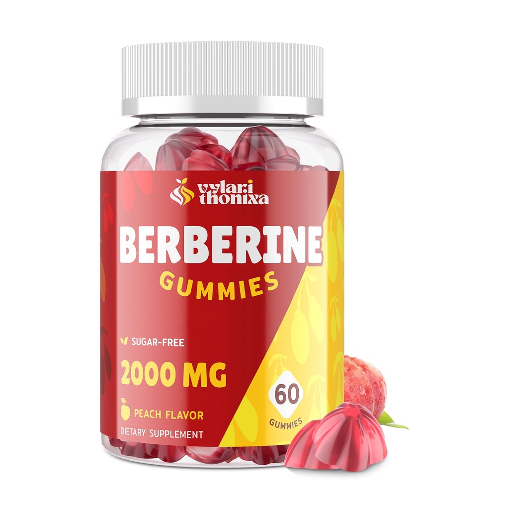 2000mg Berberine Supplement Gummies - High Potency Berberine med Ceylon Cinnamon Candy, Turmeric, Magnesium, Chromium - Sugar Free, Vegan, Non-GMO, Gluten-Free - Peach Flavor 60 Gummies - 1 Pack