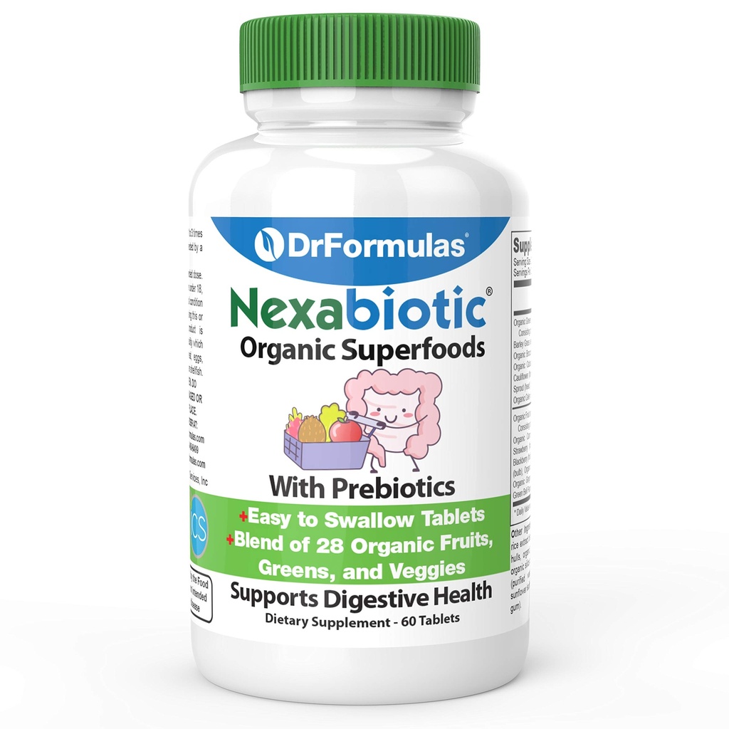 DrFormulas Organic Prebiotic Fiber for Constipation Relief | Nexabiotic Superfood Tabs for Probiotic Digestive Health, 60 Tablets