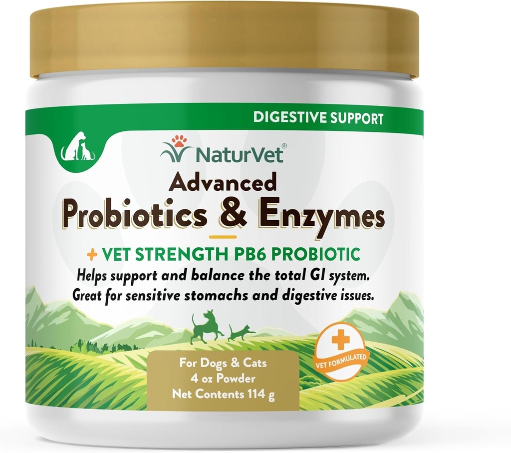 NaturVet - Advanced Probiotics & Enzymes - Plus Vet Strength PB6 Probiotic | Stöder och Balanser Husdjur med känsliga magar & Digestive Issues | för hundar & katter (4 oz)