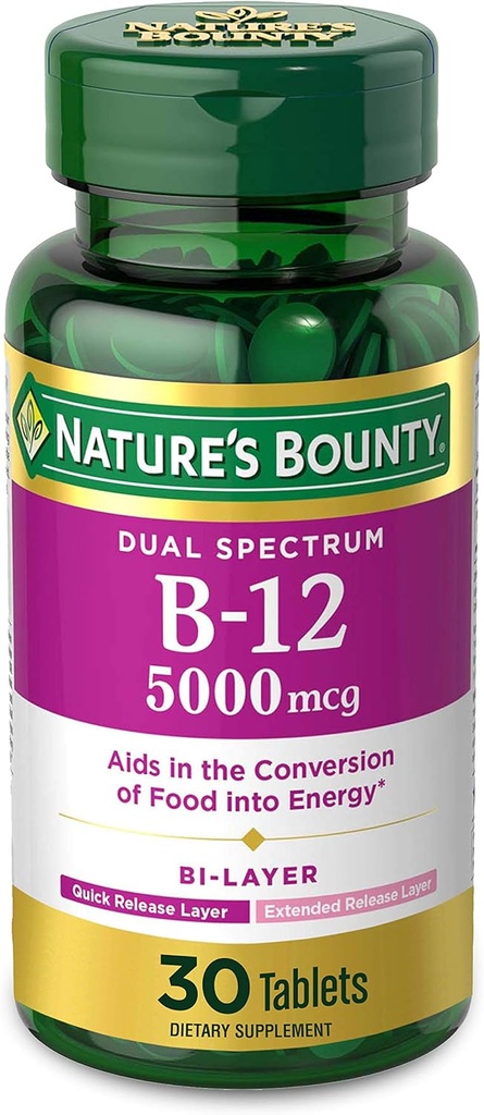 Vitamin B12 by Nature's Bounty, Dual Layer Dietary Supplement, Quick Release och Extended Release, Stöder Energi Metabolism och Nervous System Health, 5000mcg, 30 tabletter
