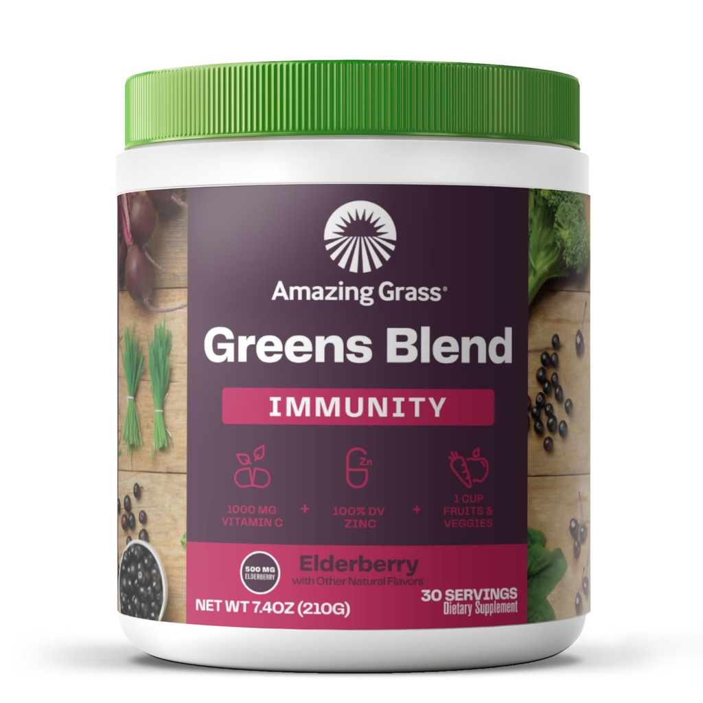 Amazing Grass Greens Blend Superfood för Immune Support: Super Greens Powder Smoothie Mix med organisk Spirulina, Chlorella, Beet Root Powder, Digestive Enzymes & Probiotika, Elderberry, 30 Servings