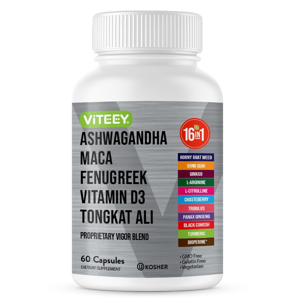 Viteey Ashwagandha Maca Fenugreek Supplement med Tongkat Ali - Drive, Passion & Energy Support för Män & Kvinnor - Mood, Calm & Stress Support - 60 kapslar