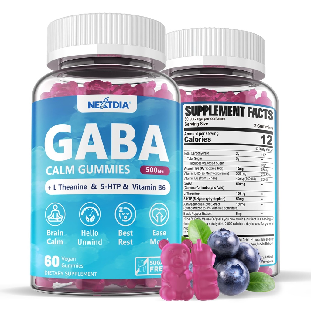 GABA Gummies 500 mg - Sugar-Free Calm Gummies med L Theanine, 5-HTP, Vitamins D3, B12, Ashwagandha, Melatonin-Free för Brain Calm, Mood, Zzz Better, GABA Supplement för Adult, Blueberry Flavor, 1Pack