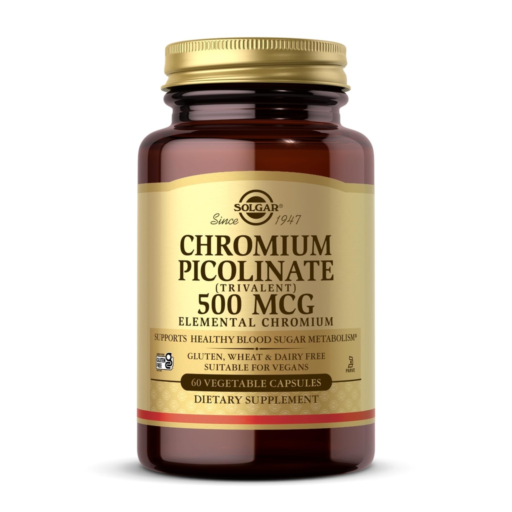 Solgar Chromium Picolinate 500 mcg - 60 Vegetabiliska kapslar - Stöder socker, fett och proteinmetabolism - Non-GMO, Gluten Free, Kosher - 30 portioner
