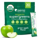 Zena Nutrition Organic Super Greens Powder, 70 + Superfoods, 0 Sugar, 3G Fiber, Spirulina, Chlorella, Antioxidanter, Prebiotika / Probiotika, Digestive Enzymes, Green Apple, 30 Drink Mix Packets