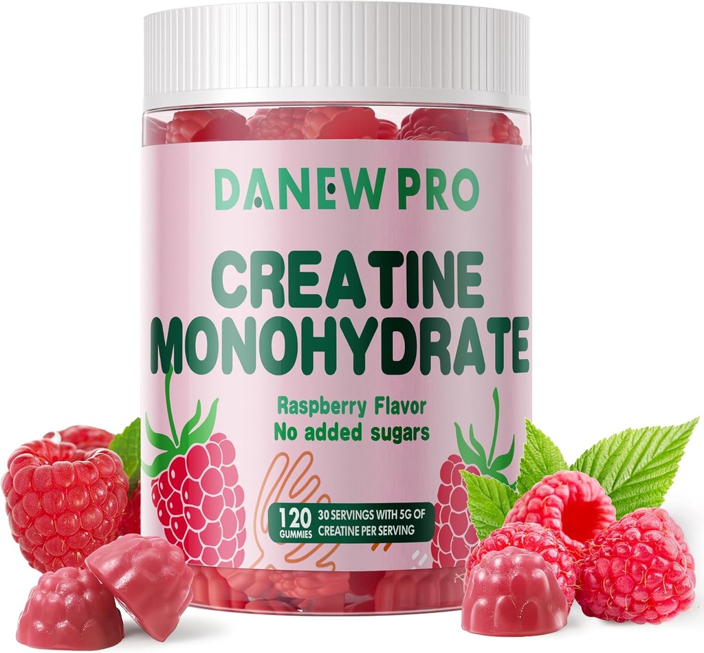 Kreatinmonohydrat Gummies för män och kvinnor-5g av kreatinmonohydrat per portion - sockerfri, Vegan, hallon smak, 120 greve